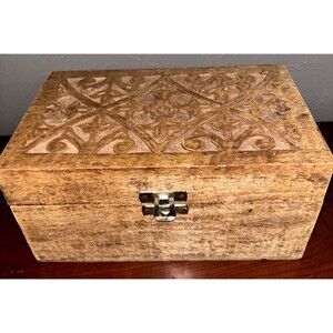 Broyhill Furniture Top Carved Wooden Box Metal Hinges - Made in India